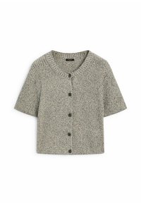 Kortärmad, grå stickad cardigan med fem svarta knappar och en ribbad rund halsringning, uppvisad mot en vit bakgrund.