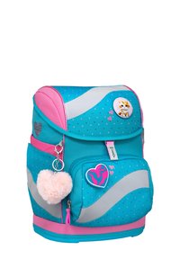 Türkis- und rosa Rucksack mit Punkten, silbernen Akzenten, einer Vorderasche, einem Kunstpelz-Herzanhänger und dekorativen Pins.