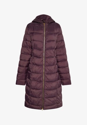 Tumedast lillast puffhoolest, millel on kapuuts, täispikk tõmblukk ja horisontaalne tikandimuster. Sile, läikiv kangas koos taskutega.