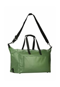 Sac de sport étanche vert avec des accents noirs, poignées supérieures doubles et une bandoulière ajustable. Texture lisse, forme rectangulaire élégante.