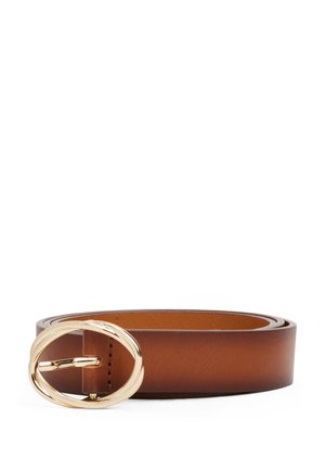 Brown leather belt rolled up with a shiny gold oval metal buckle on a white background.