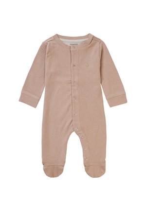 Combinaison en coton côtelé de couleur beige doux, à manches longues, avec des boutons-pression sur le devant et un design avec pieds pour un ajustement confortable.