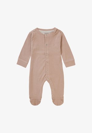 Katoenen ribbetjes jumpsuit in zacht beige met lange mouwen, drukknoopjes langs de voorkant en voetjes voor een comfortabele fit.