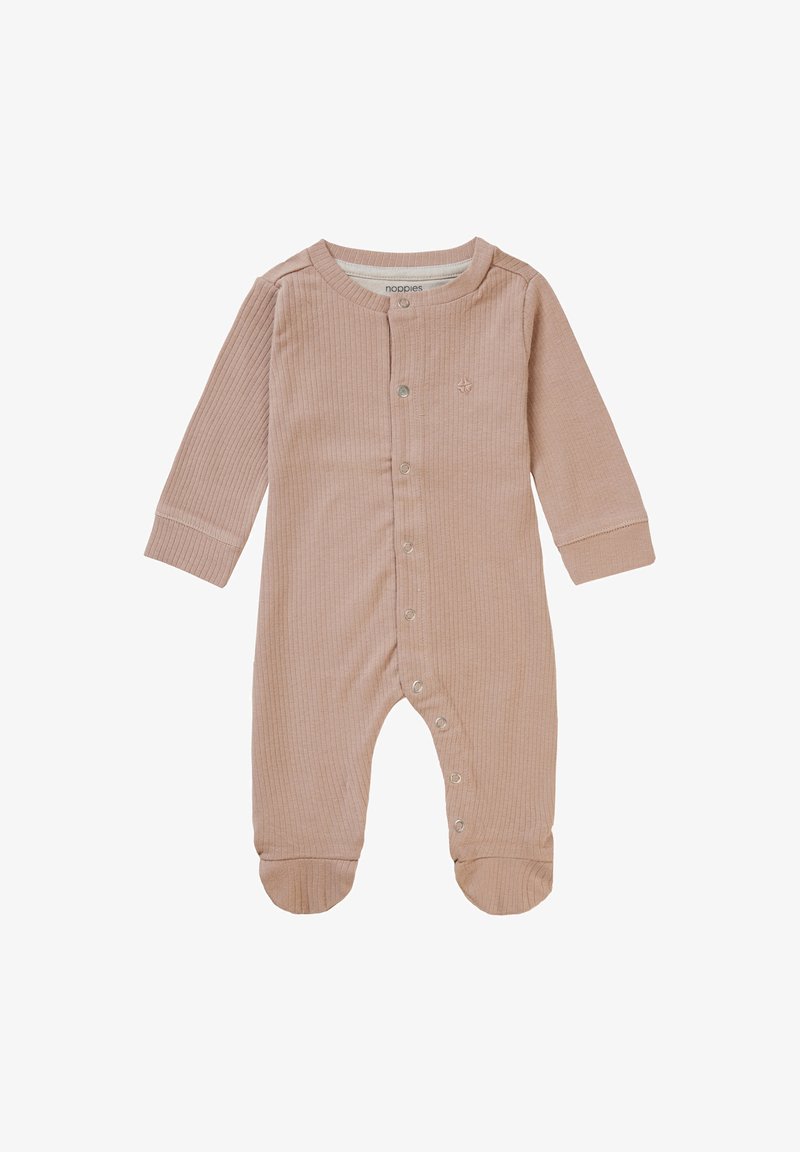 Baumwoll-Ripp-Overall in sanftem Beige mit langen Ärmeln, Druckknöpfen vorne und einem Fußdesign für eine gemütliche Passform.