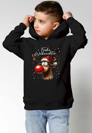 Schwarzer Hoodie mit einem Cartoon-Rentier mit einer roten Nase und einem Weihnachtsmannhut. "Frohe Weihnachten" Text oben, mit weißen Schneeflocken-Akzenten.