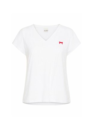 Balta V-veida T-krekla ar īsām piedurknēm, uz kreisās krūtis ir neliels sarkans loku logotips. Izgatavots no mīksta auduma ar brīvu griezumu.