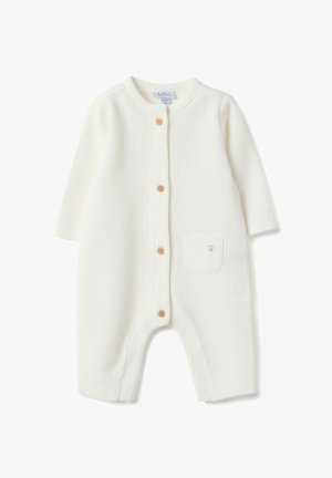 Witte geribbelde onesie met lange mouwen, houten knopen aan de voorkant en een klein borstzakje. Zachte textuur, ronde halslijn, ontspannen pasvorm.