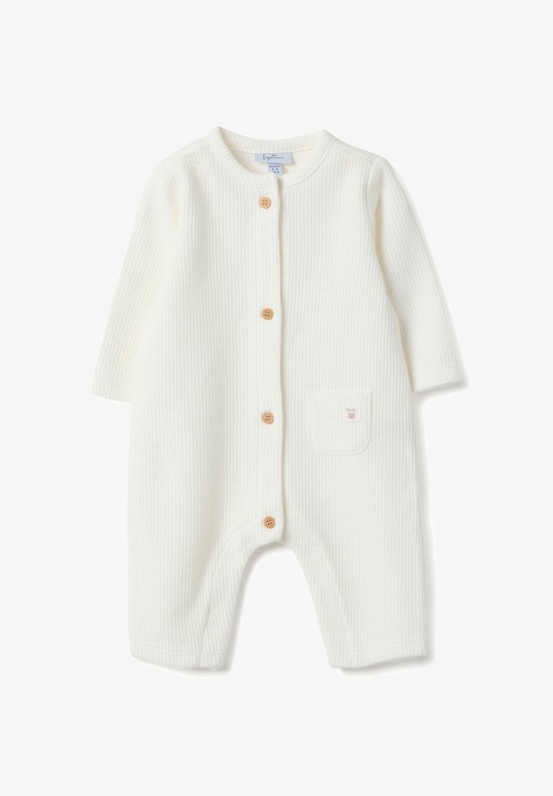 Body blanco acanalado de manga larga, con botones de madera en la parte delantera y un pequeño bolsillo en el pecho. Textura suave, cuello redondeado, ajuste holgado.