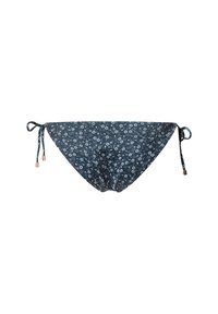 Sötétkék virágmintás bikini alsó, melynek oldalán megkötők találhatók, ezüstszínű fém részletekkel és texturált szövetmintával.