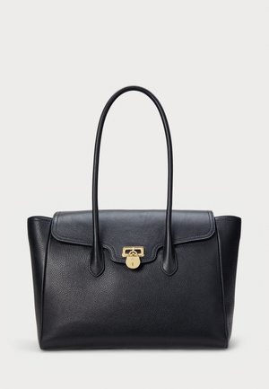 Black leather handbag with a structured design, top handles, a flap closure, and a gold padlock accent. Textured surface adds visual interest.