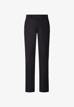 Sorte bukser med lige ben, knap- og lynlåslukning, bæltestropper og et glat forstykke.