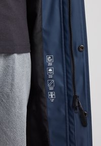 Navy waterproof jacket with black interior, featuring a two-way zipper and icons for windproof, waterproof, heated seams. Textured fabric.