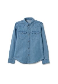 Lichtblauw denim shirt met lange mouwen, een puntschema, twee borstzakken en knoopsluiting. De stof heeft een gladde textuur.