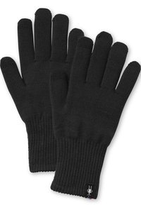 Schwarze gestrickte Handschuhe mit geripptem Bund, fünf-Finger-Design, strukturiertem Stoff und einem kleinen Logo-Tag am Handgelenk.