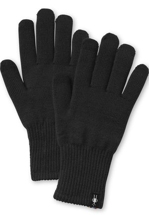 Schwarze gestrickte Handschuhe mit geripptem Bund, fünf-Finger-Design, strukturiertem Stoff und einem kleinen Logo-Tag am Handgelenk.