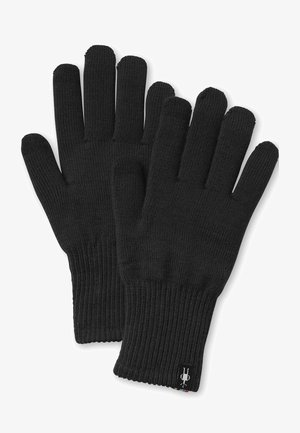 Sorte strikkede handsker med ribbet manchet, fem-finger design, textured stof og et lille logomærke på håndleddet.