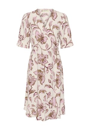 Vestido cruzado color crema con patrones florales en rosa y marrón, mangas cortas abullonadas y dobladillo con volantes.