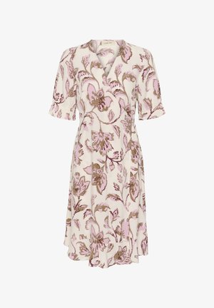 Cream-tone wrap dress with pink and brown floral patterns, short puff sleeves, and a ruffled hem.