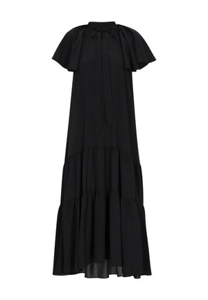 Abito maxi nero con design a strati, maniche a cappuccio corte e chiusura con lacci al collo. Realizzato in tessuto morbido con finitura opaca.