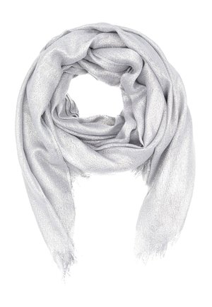 Sciarpa metallica argento con una finitura morbida e testurizzata. Presenta un bordo frangiato e un design sciolto e drappeggiato. Materiale leggero e traspirante.