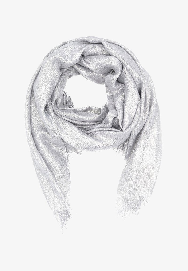 Sciarpa metallica argento con una finitura morbida e testurizzata. Presenta un bordo frangiato e un design sciolto e drappeggiato. Materiale leggero e traspirante.