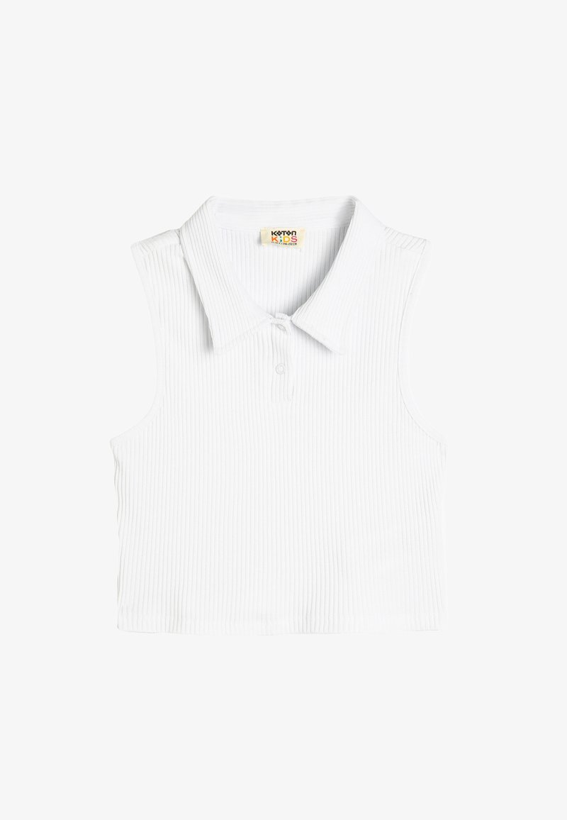 White sleeveless polo shirt with a ribbed texture, a button placket, and a classic collar. Simple, uniform design without patterns.
