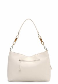 Biała skórzana torebka o teksturowanej powierzchni i zaokrąglonym kształcie. Wyposażona w kieszeń na zamek oraz uchwyt z łańcuszka z naprzemiennie ułożonymi ogniwami.