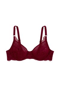 Soutien-gorge en dentelle bordeaux avec bretelles réglables, motif floral, soutien par armatures et bords festonnés, doté d'une fermeture à crochet central.