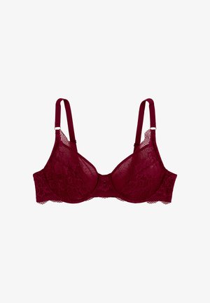 Soutien-gorge en dentelle bordeaux avec bretelles réglables, motif floral, soutien par armatures et bords festonnés, doté d'une fermeture à crochet central.