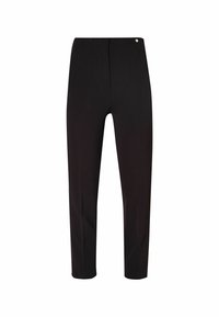 Pantalon noir sur mesure avec taille haute, jambes fines et petit bouton doré près de la taille sur fond blanc uni.