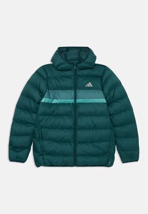 Veste matelassée turquoise avec capuche, ornée de rayures turquoise horizontales, d'une fermeture éclair intégrale et d'un logo sur la poitrine gauche. Texture lisse.