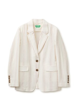 Crèmekleurige blazer met dunne verticale rode strepen, twee knopen aan de voorkant, klepzakken, een notched revers en met knopen gesloten manchetten.