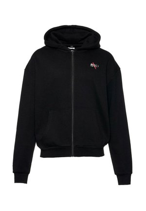Hanorac negru cu fermoar, fabricat din bumbac moale. Include o buzunar frontal, manșete cu rigips și un logo brodat pe piept. Design cu o croială lejeră.