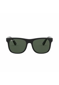 Occhiali da sole neri rettangolari con dettagli grigi sugli occhiali e lenti verdi. Presentano il marchio Ray-Ban vicino alla lente. Montatura in plastica liscia.