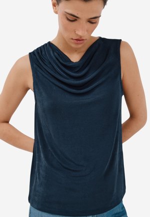 Ärmelloses navyblaues Oberteil mit drapierter Kapuze, aus weichem, glattem Stoff. Es hat eine lockere Passform und ein schlichtes, sauberes Design.