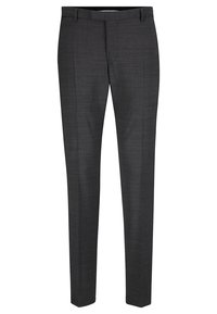 Grå skräddarsydda byxor med en slät textur, slim fit, bälteshällor och framfickor, med ett subtilt vävt mönster.