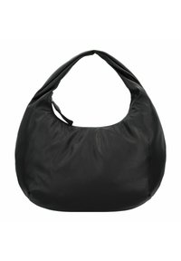 Sac en cuir noir avec une forme douce et arrondie, un style hobo et une seule sangle pour l'épaule. Il dispose d'une fermeture éclair et d'une surface texturée.