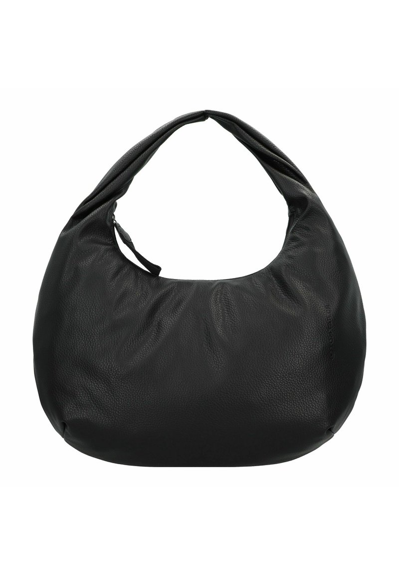 Sac en cuir noir avec une forme douce et arrondie, un style hobo et une seule sangle pour l'épaule. Il dispose d'une fermeture éclair et d'une surface texturée.