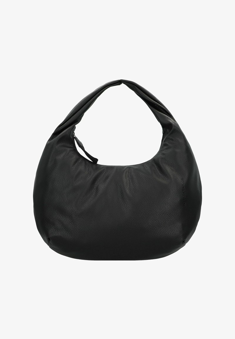 Sac en cuir noir avec une forme douce et arrondie, un style hobo et une seule sangle pour l'épaule. Il dispose d'une fermeture éclair et d'une surface texturée.
