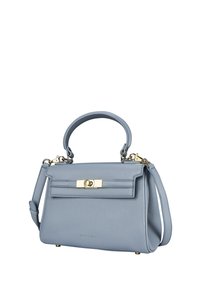Lyseblå lædertaske med pebret tekstur, hardware i guldfarve, en top håndtag og en aftagelig skulderrem. Har en frontklap med spænde.