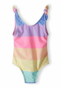 Többarcú, egydarabos fürdőruha, amely vízszintes csíkokkal rendelkezik pink, levendula, krém és mentaszínben, csomózott pántokkal. Sima tapintású.