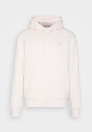 Lichtroze hoodie met capuchon, voorzak, verstelbare trekkoorden en klein rechthoekig logo op de linkerborst.
