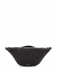 Marsupio nero in nylon con forma curvata, dotato di chiusura a zip e un'etichetta con logo distintivo. Tessuto testurizzato con finitura liscia.