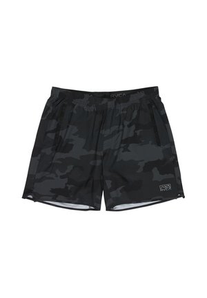 Pantaloncini da uomo con motivo mimetico nero e grigio scuro, vita elasticizzata, tasche laterali con zip e piccolo logo bianco sulla parte inferiore della gamba destra.