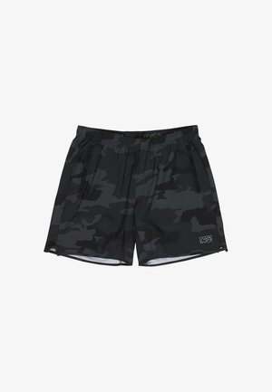 Pantaloncini da uomo con motivo mimetico nero e grigio scuro, vita elasticizzata, tasche laterali con zip e piccolo logo bianco sulla parte inferiore della gamba destra.