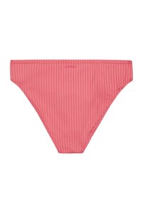 Ružové bikinové spodky s ribovanou štruktúrou, ktoré majú umiernený strih a hladký elastický pás, s diskrétnym logom na prednej strane. Štruktúrovaný povrch.