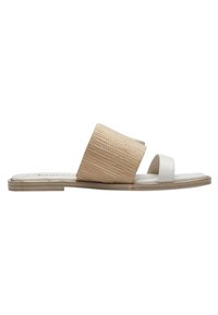 White slide sandal with a wide braided straw strap and a slim white leather strap, featuring a flat sole and subtle textured finish.