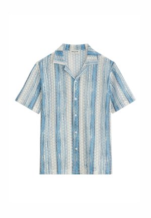 Chemise à manches courtes boutonnée avec des rayures verticales bleues, blanches et grises et un col camp.