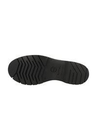 Semelle de chaussure en caoutchouc noir avec un motif de semelle profond, des bords lisses et un logo imprimé. Présente une construction durable adaptée à diverses surfaces.