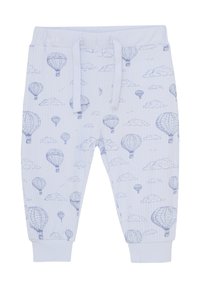 Ljusblå ribbade pyjamabyxor med tryckta varmluftsballonger och moln. Har midjeresår och mudd för en åtsittande passform.